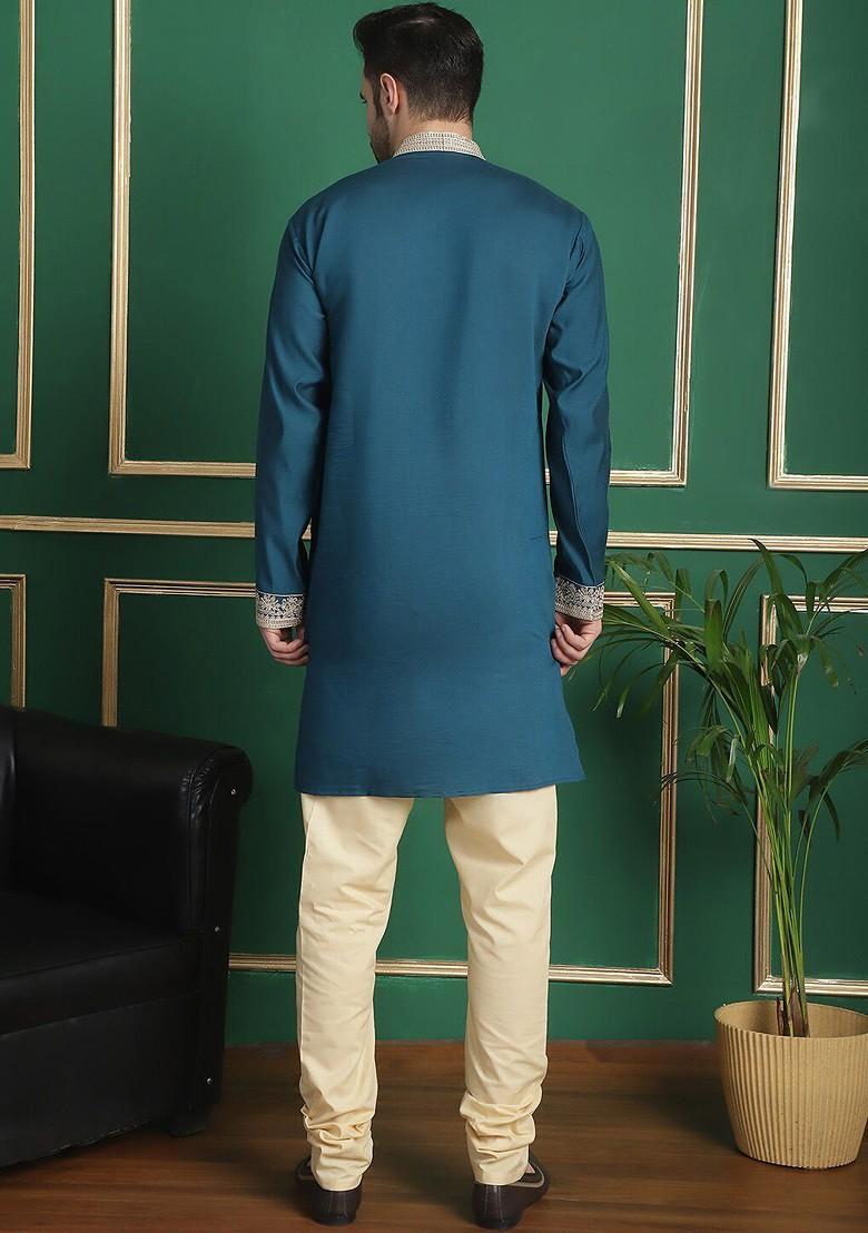 Teal Blue Embroidered Poly Blend Kurta Set For Men