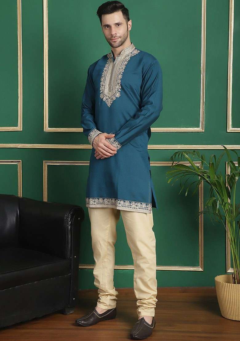 Teal Blue Embroidered Poly Blend Kurta Set For Men - Indya