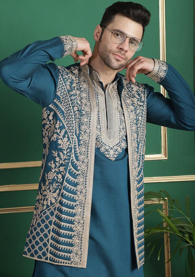 Teal Blue Embroidered Poly Blend Kurta Set For Men