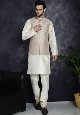 Peach Embroidered Poly Blend Kurta Set For Men