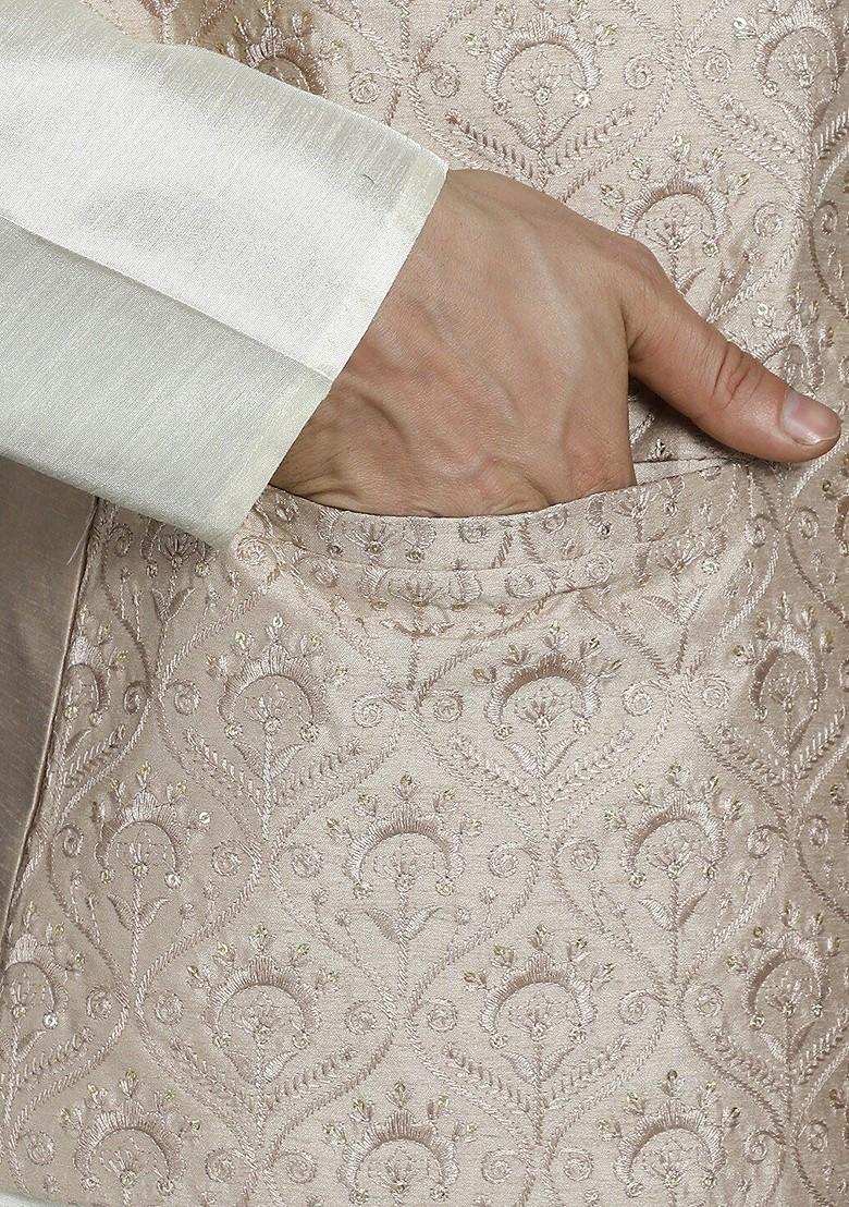 Peach Embroidered Poly Blend Kurta Set For Men