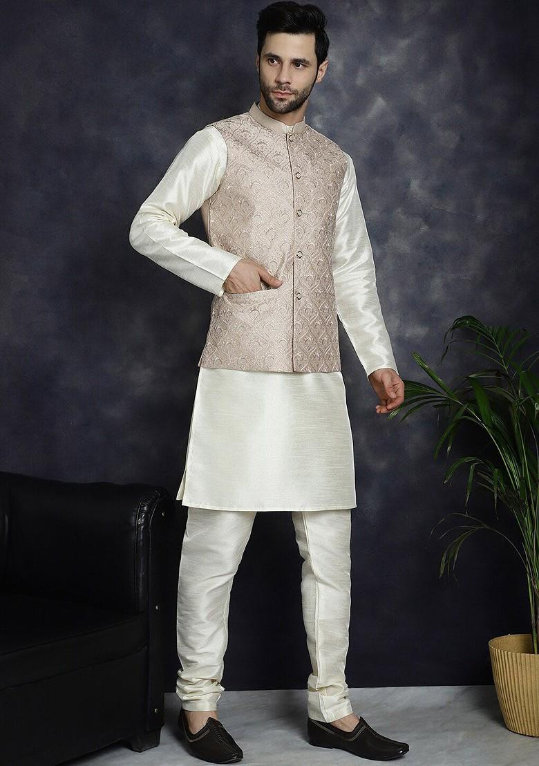 Peach Embroidered Poly Blend Kurta Set For Men