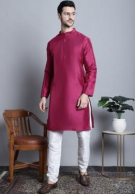 Purple Embroidered Poly Blend Kurta Set For Men