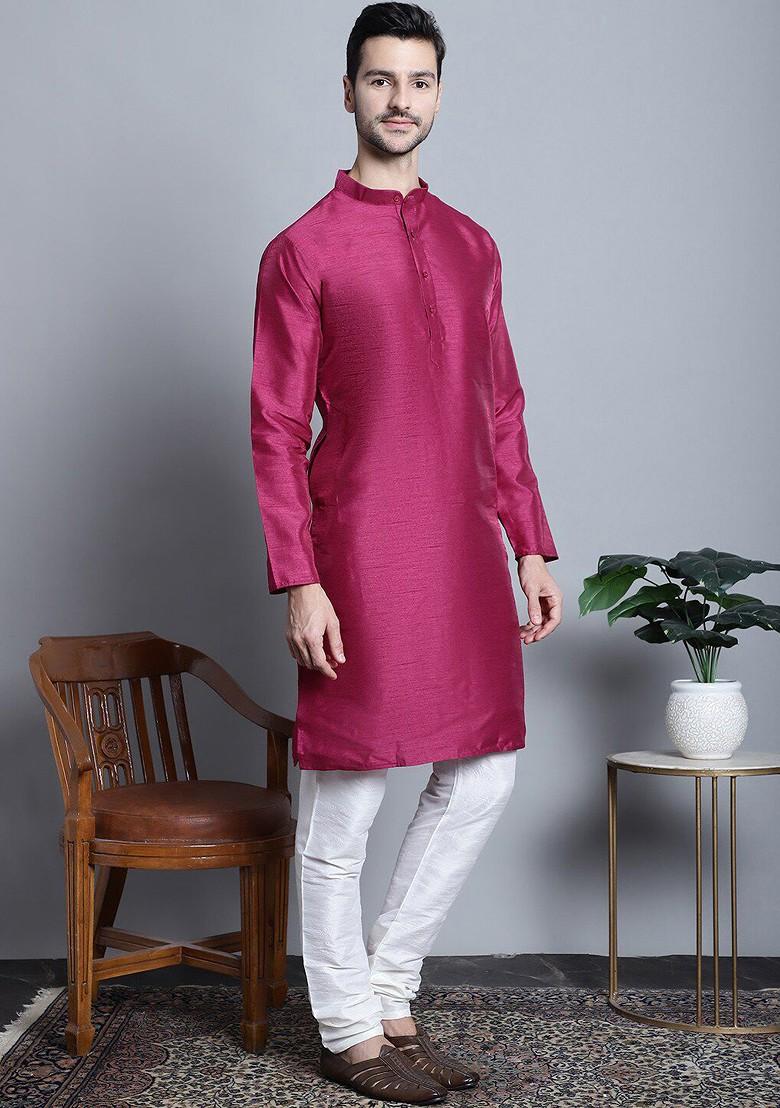 Purple Embroidered Poly Blend Kurta Set For Men