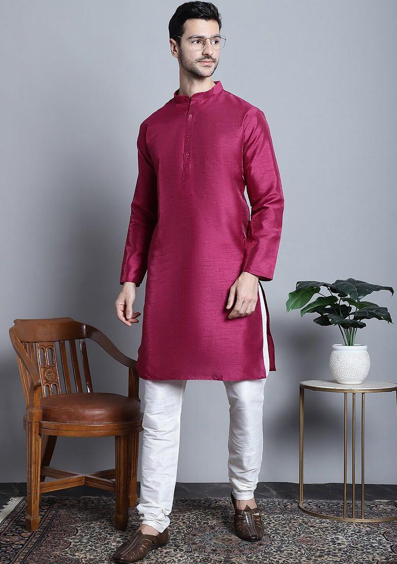 Purple Embroidered Poly Blend Kurta Set For Men
