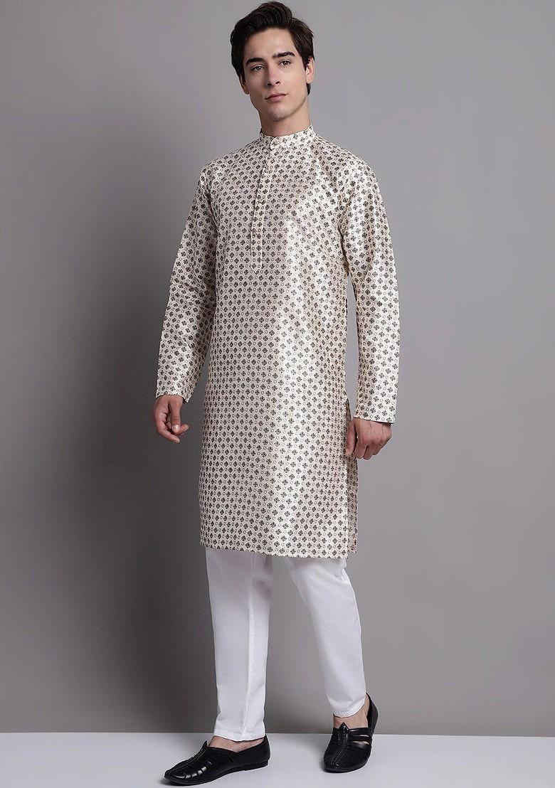 Off White Printed Poly Blend Kurta Set For Men