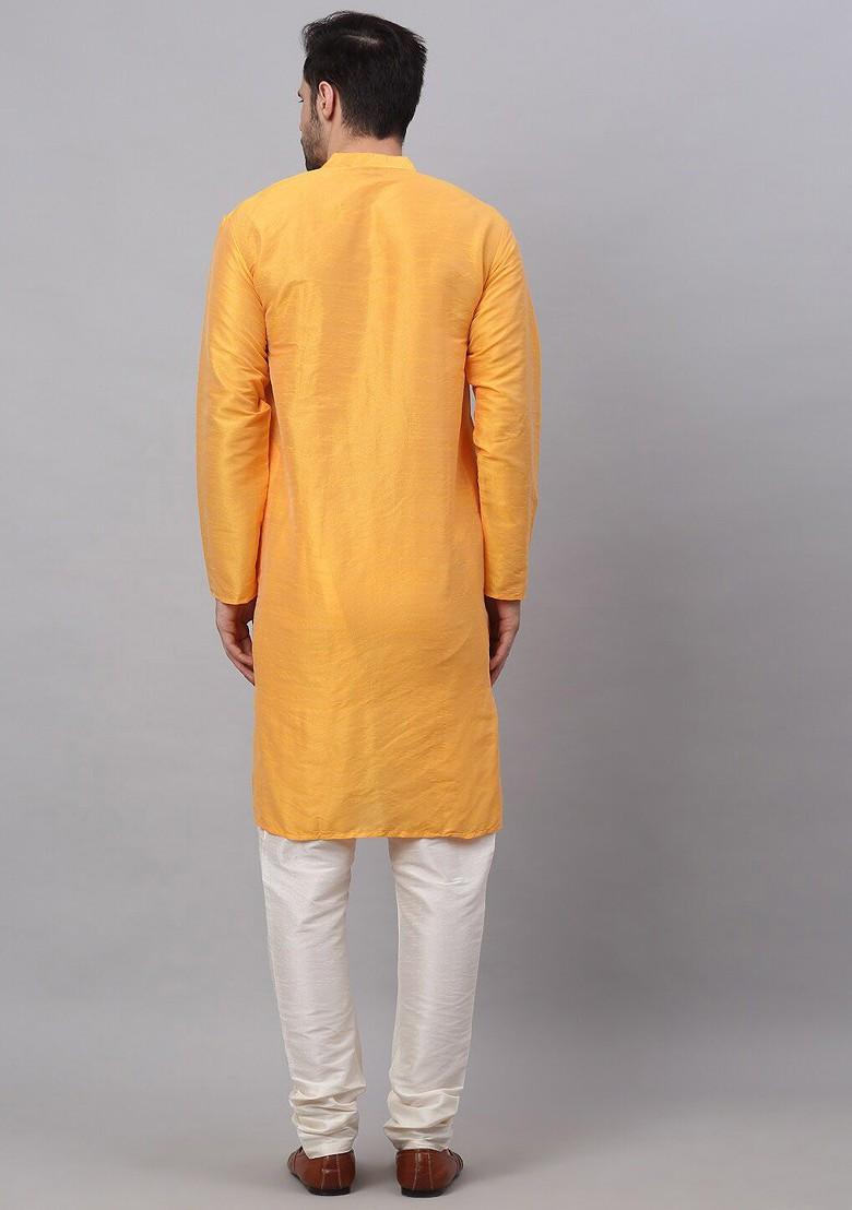 Mustard Yellow Embroidered Poly Blend Kurta Set For Men