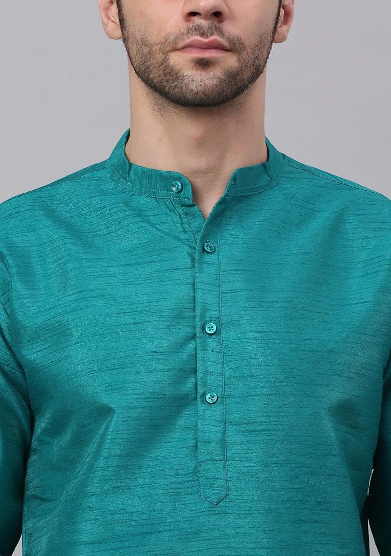Teal Blue Embroidered Poly Blend Kurta Set For Men