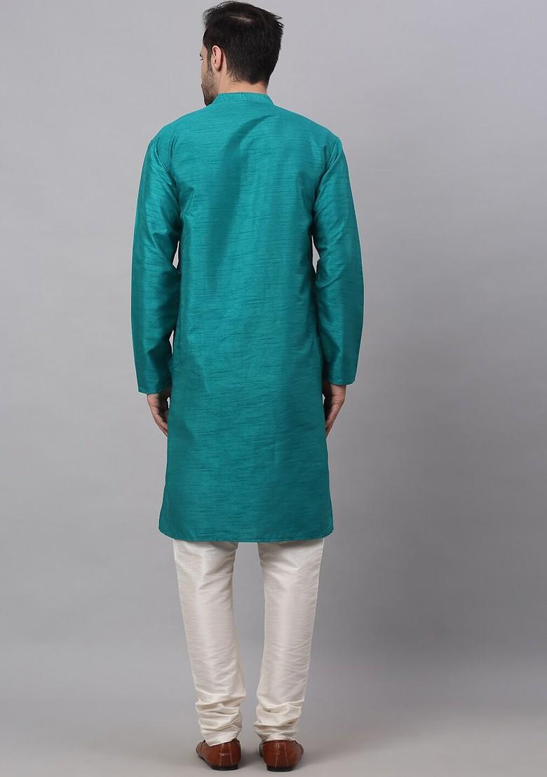 Teal Blue Embroidered Poly Blend Kurta Set For Men