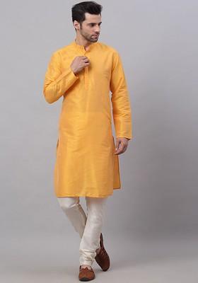 Mustard Yellow Embroidered Poly Blend Kurta Set For Men