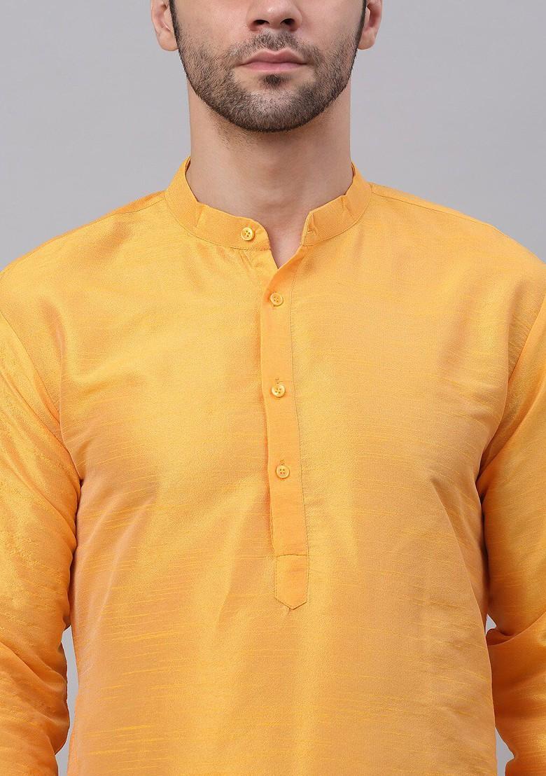 Mustard Yellow Embroidered Poly Blend Kurta Set For Men