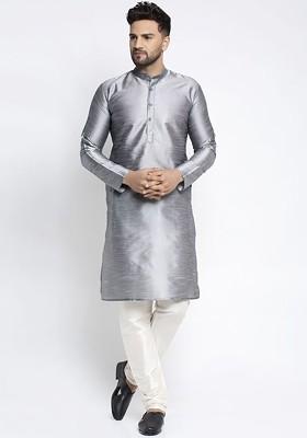 Grey Embroidered Poly Blend Kurta Set For Men