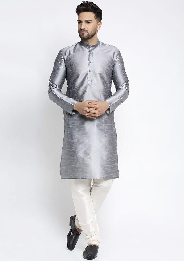 Grey Embroidered Poly Blend Kurta Set For Men