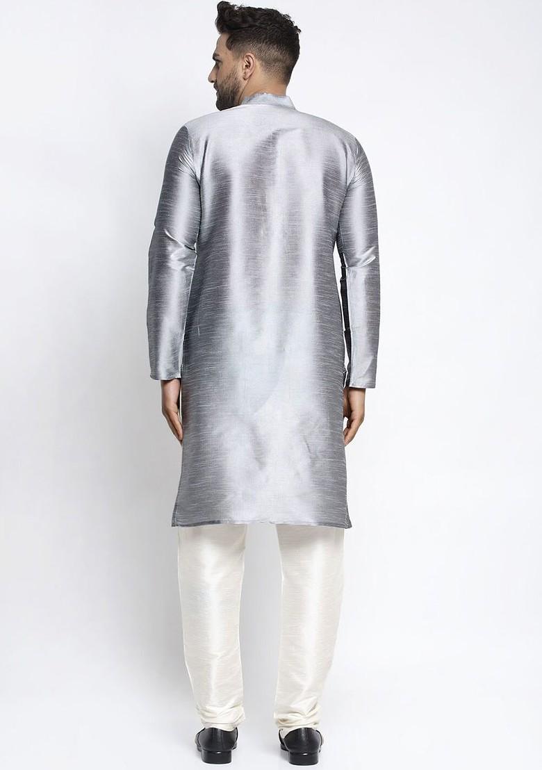 Grey Embroidered Poly Blend Kurta Set For Men