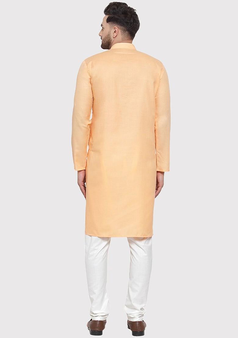 Orange Embroidered Poly Blend Kurta Set For Men
