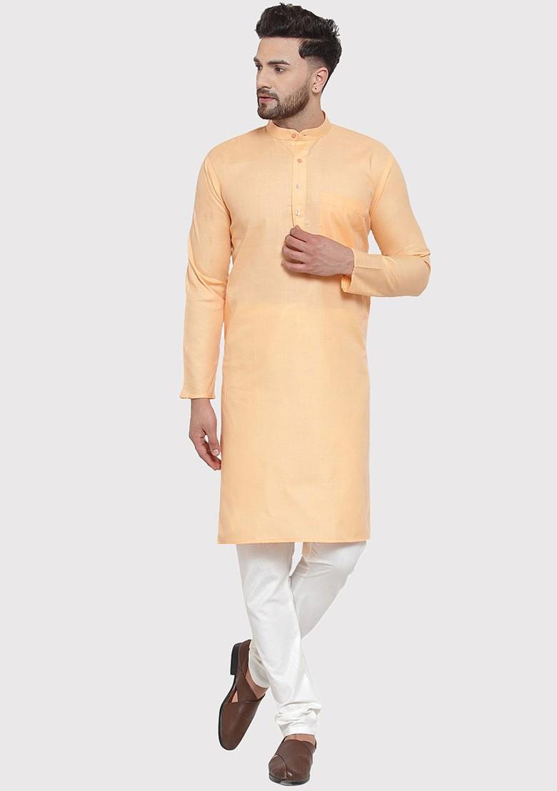 Orange Embroidered Poly Blend Kurta Set For Men