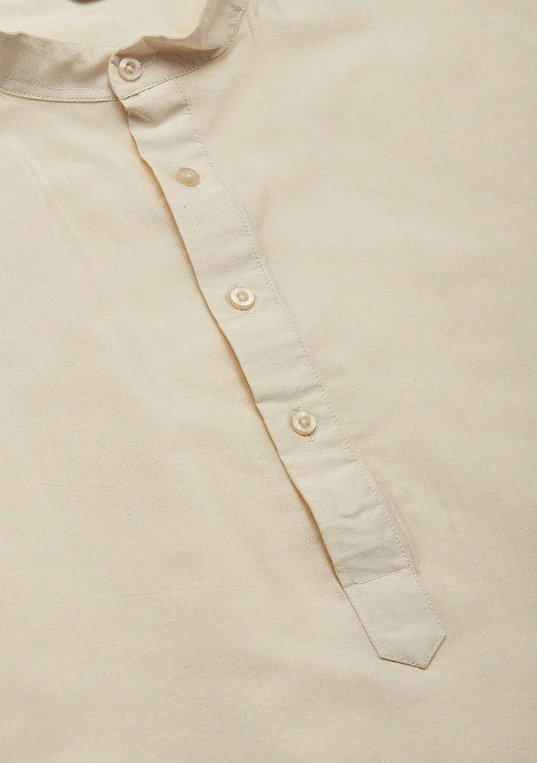 Off White Embroidered Poly Blend Kurta Set For Men