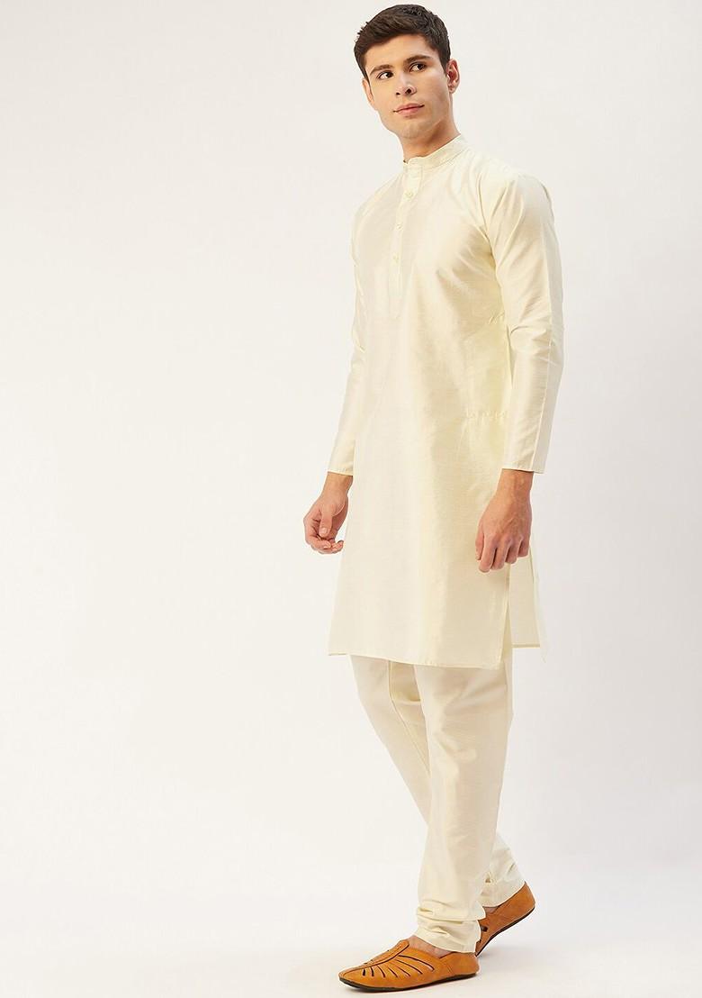Off White Embroidered Poly Blend Kurta Set For Men