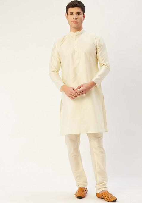 Off White Embroidered Poly Blend Kurta Set For Men