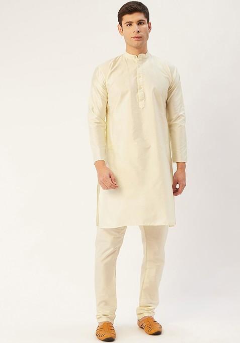 Off White Embroidered Poly Blend Kurta Set For Men
