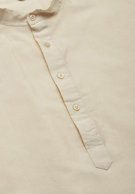 Off White Embroidered Poly Blend Kurta Set For Men