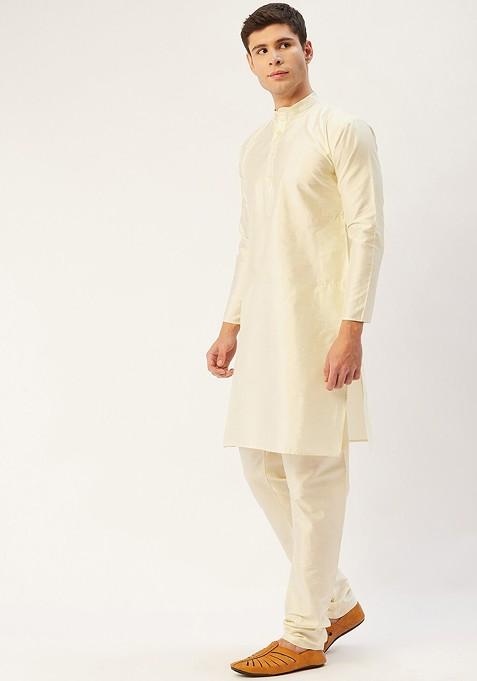 Off White Embroidered Poly Blend Kurta Set For Men