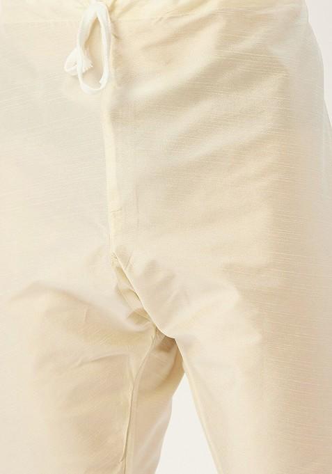 Off White Embroidered Poly Blend Kurta Set For Men