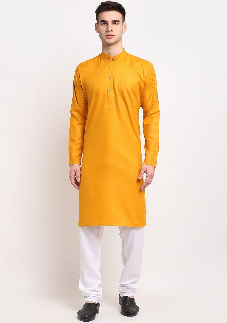 Mustard Yellow Embroidered Poly Blend Kurta Set For Men