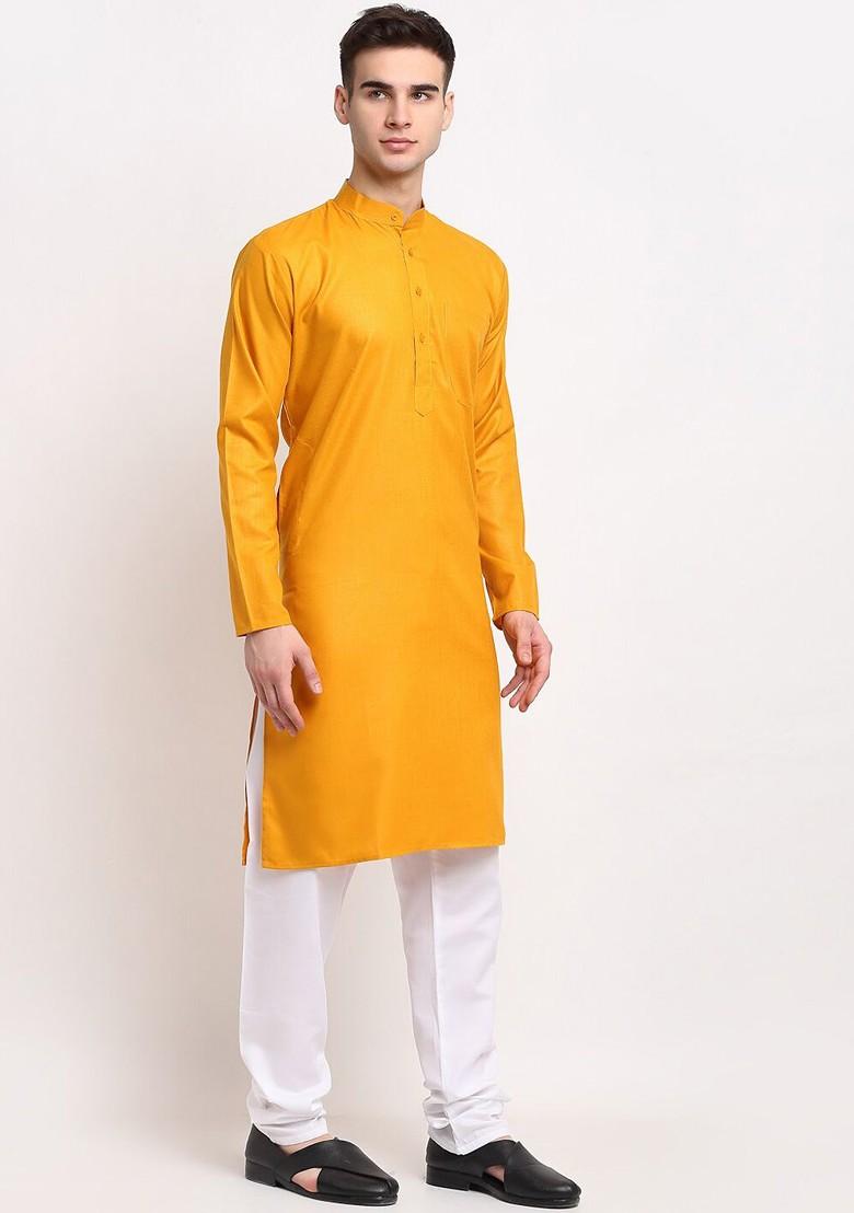 Mustard Yellow Embroidered Poly Blend Kurta Set For Men
