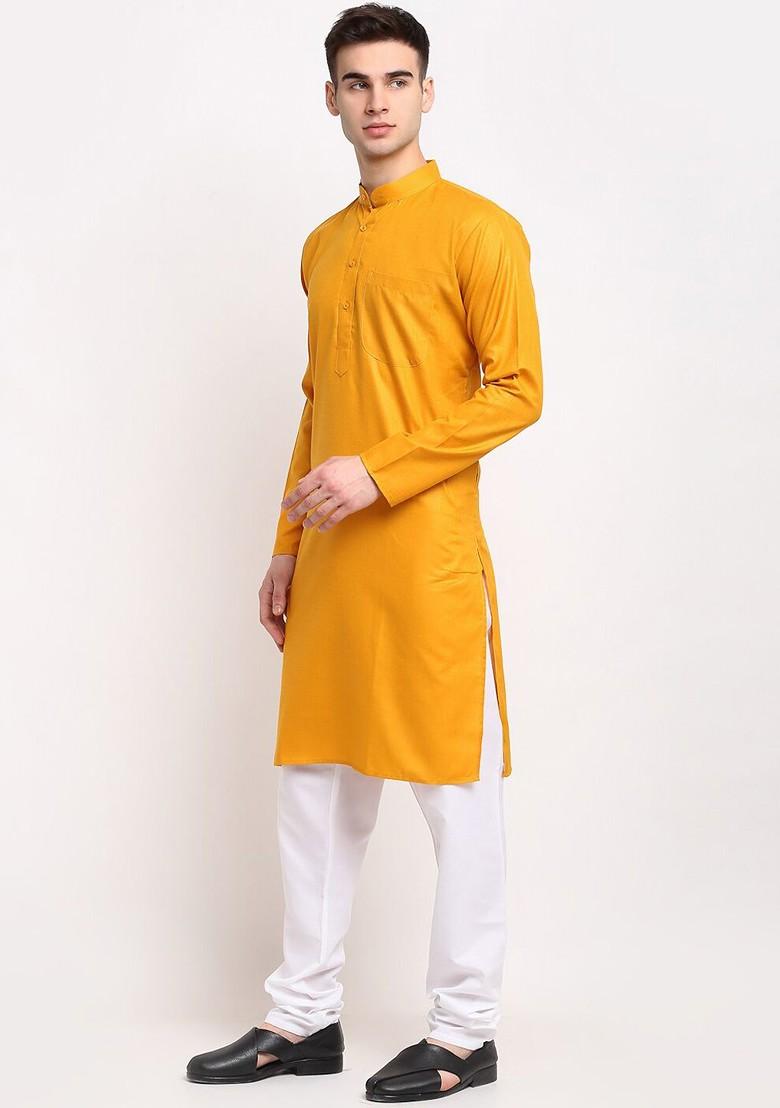 Mustard Yellow Embroidered Poly Blend Kurta Set For Men