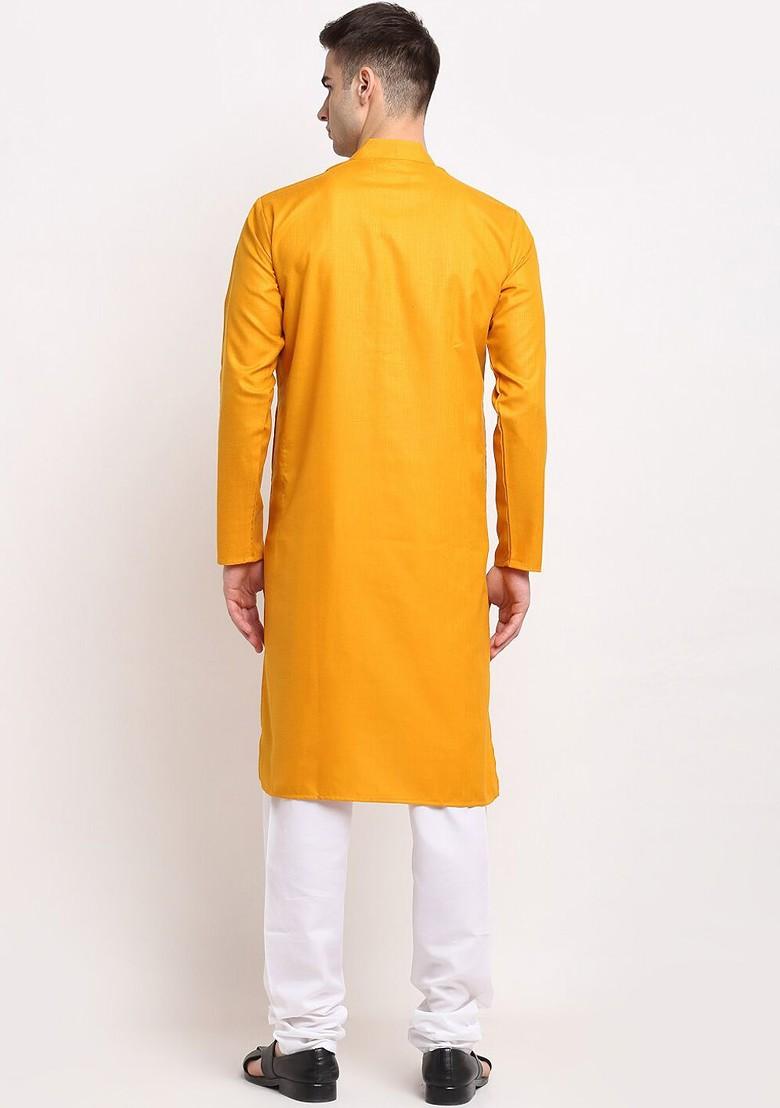 Mustard Yellow Embroidered Poly Blend Kurta Set For Men
