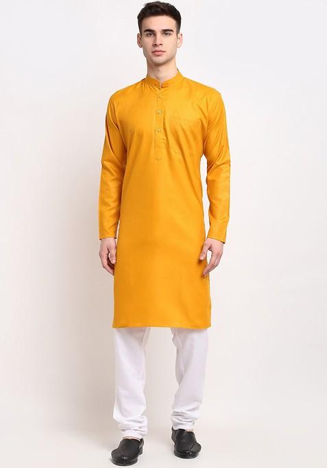 Mustard Yellow Embroidered Poly Blend Kurta Set For Men