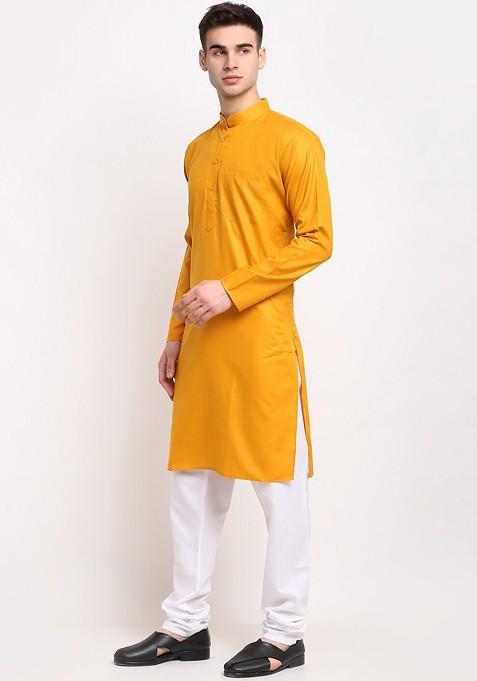Mustard Yellow Embroidered Poly Blend Kurta Set For Men