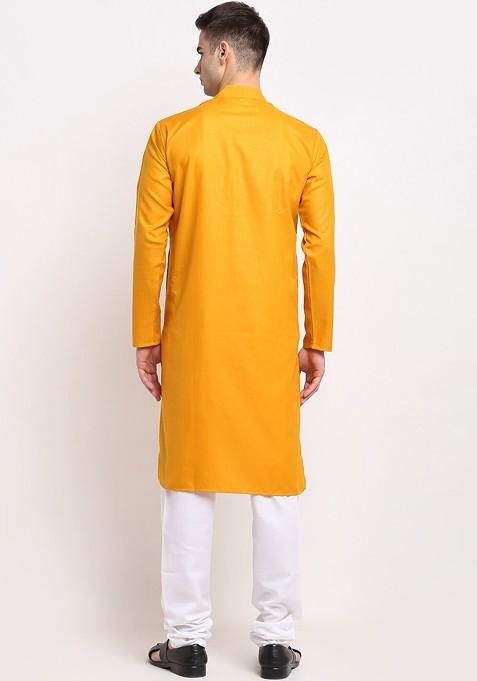 Mustard Yellow Embroidered Poly Blend Kurta Set For Men