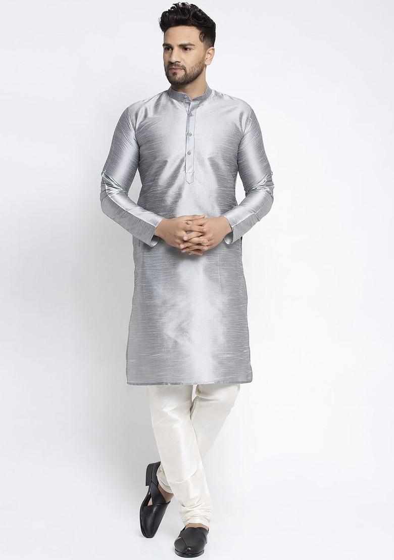 Silver Embroidered Poly Blend Kurta Set For Men