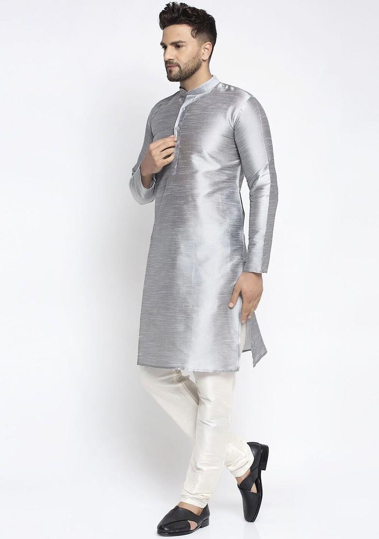 Silver Embroidered Poly Blend Kurta Set For Men