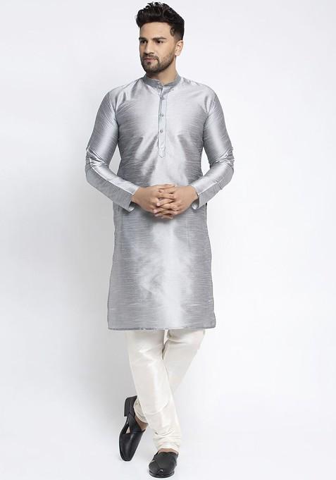 Silver Embroidered Poly Blend Kurta Set For Men — view on Indya