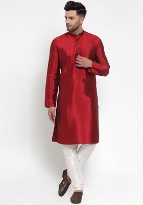Maroon Embroidered Poly Blend Kurta Set For Men
