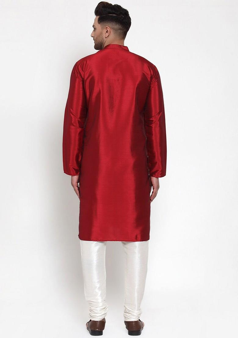 Maroon Embroidered Poly Blend Kurta Set For Men