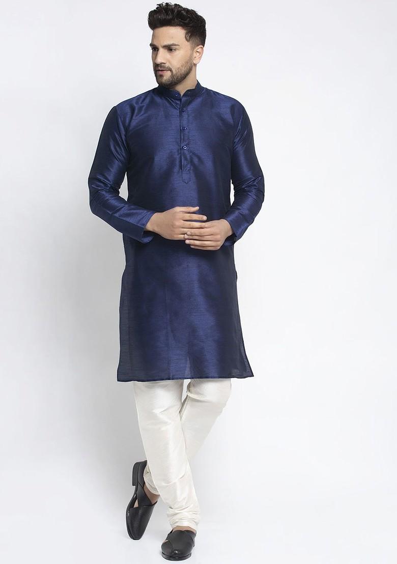 Navy Blue Embroidered Poly Blend Kurta Set For Men