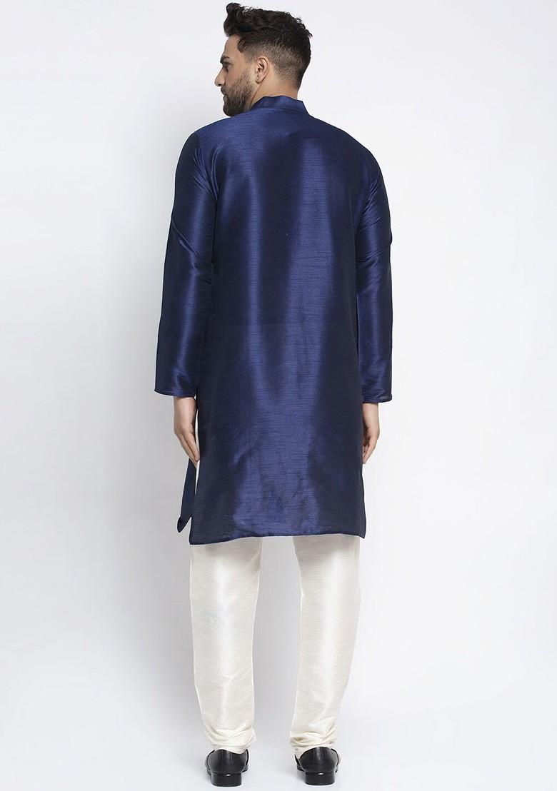 Navy Blue Embroidered Poly Blend Kurta Set For Men