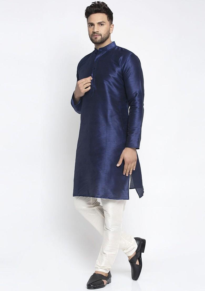 Navy Blue Embroidered Poly Blend Kurta Set For Men