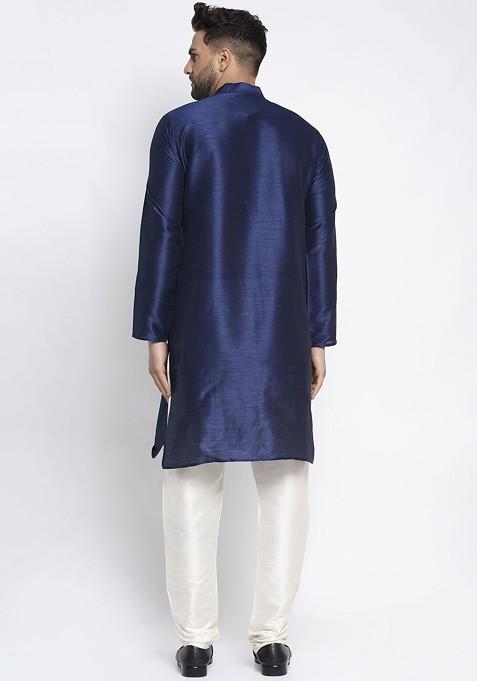 Navy Blue Embroidered Poly Blend Kurta Set For Men
