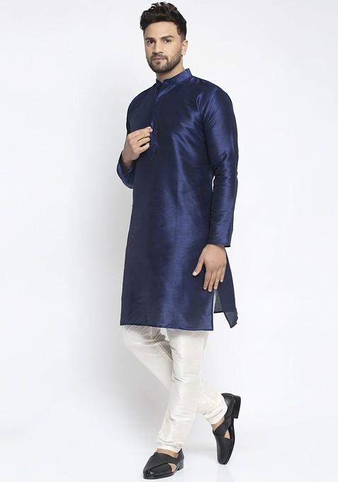 Navy Blue Embroidered Poly Blend Kurta Set For Men