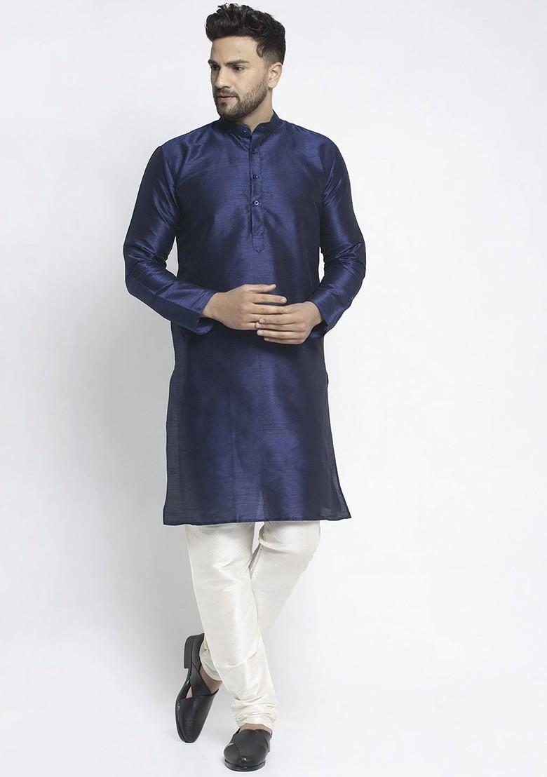 Navy Blue Embroidered Poly Blend Kurta Set For Men
