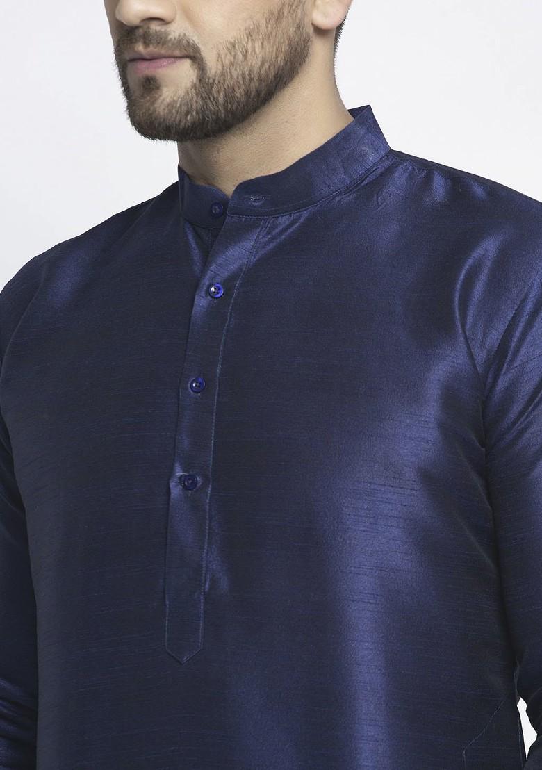 Navy Blue Embroidered Poly Blend Kurta Set For Men