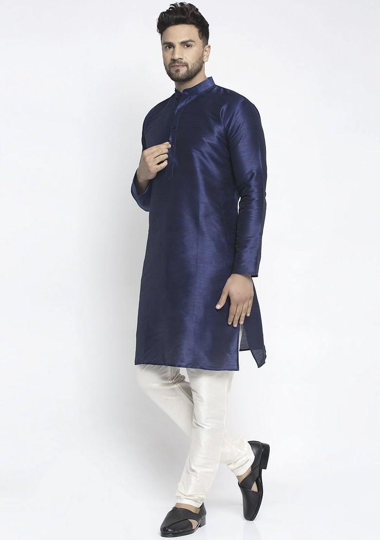 Navy Blue Embroidered Poly Blend Kurta Set For Men