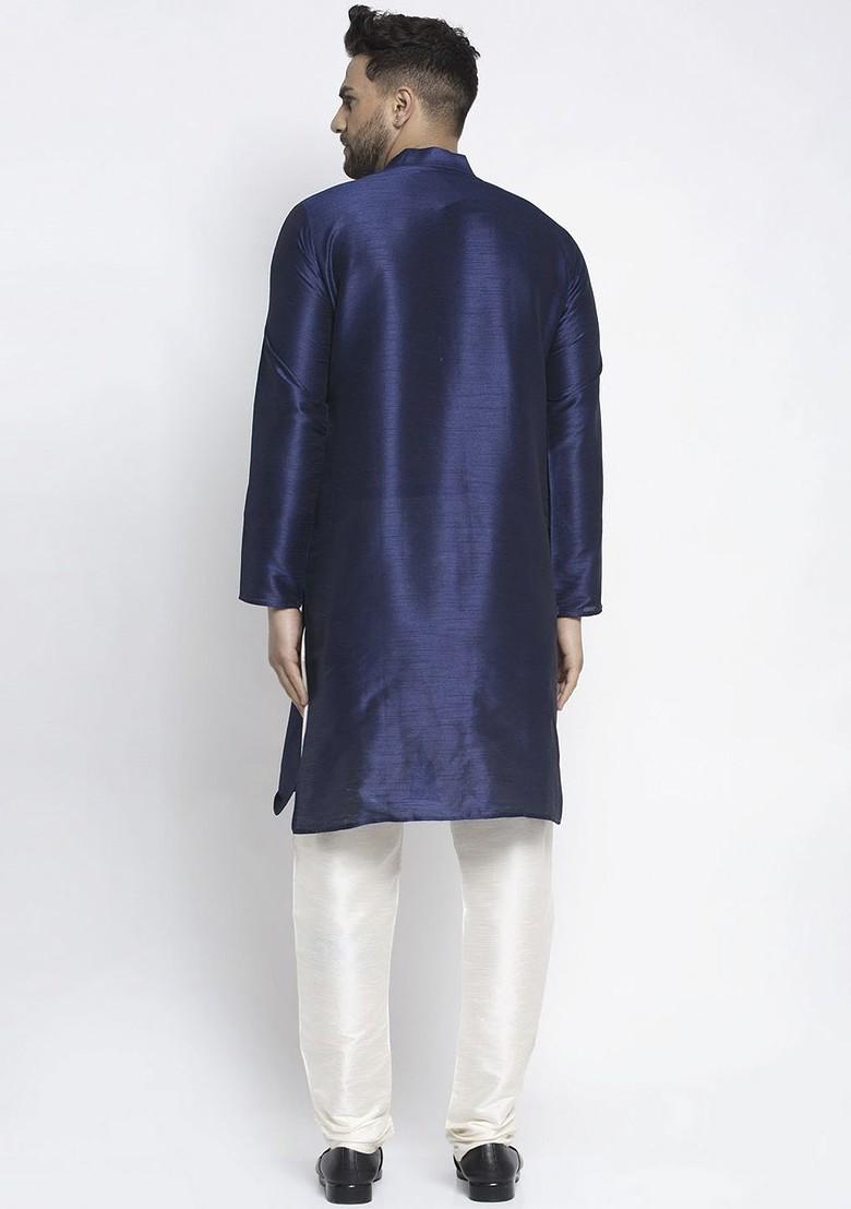 Navy Blue Embroidered Poly Blend Kurta Set For Men