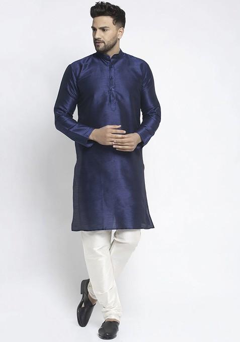Navy Blue Embroidered Poly Blend Kurta Set For Men