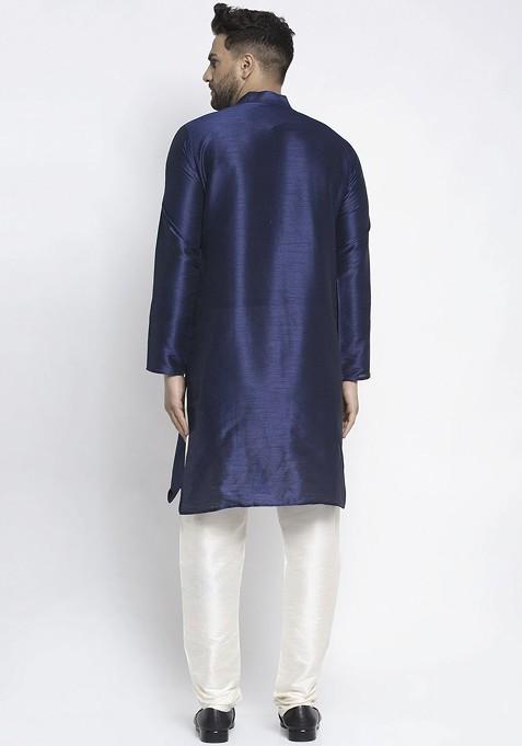Navy Blue Embroidered Poly Blend Kurta Set For Men